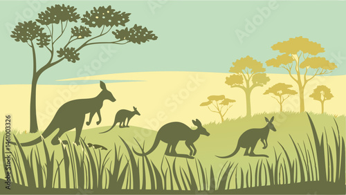 Australian Kangaroo Family Silhouette Illustration in Nature Landscape