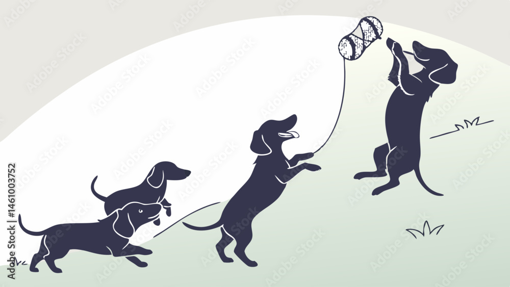 Naklejka premium Playful Dachshund Dogs Silhouette Illustration Catching Toy