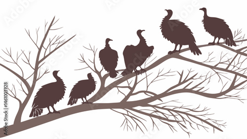 Brown Silhouette Vector Illustration of a Flock of Seven Wild Turkeys Perched on Bare Tree Branches Winter Scene