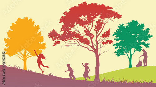 Colorful Silhouette Illustration of People Playing and Mowing in a Vibrant Park Landscape with Trees and Hills