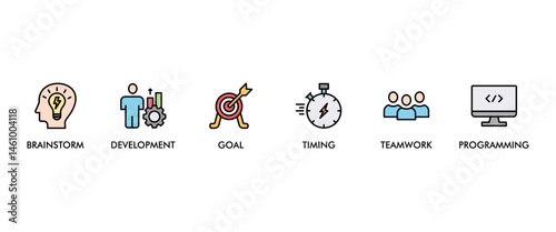 Hackathon banner web icon vector illustration concept for design sprint-like social coding event with icon of brainstorm, development, programming, timing, speed, teamwork, and goal