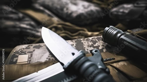 Close-up shot of two combat knives and a flashlight on military camo gear with tactical rope in muted tones.