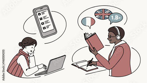 Simple Line Art Illustration of Students Learning Languages Online and from Books