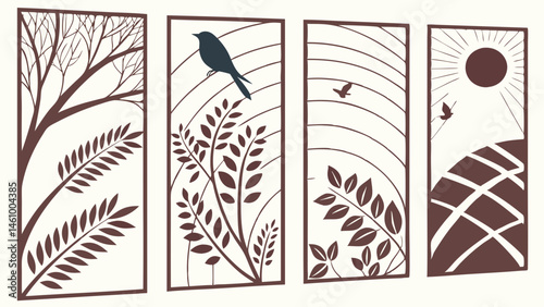 Set of 4 Modern Nature Silhouette Wall Art Panels Birds Trees Plants Landscape Decorative