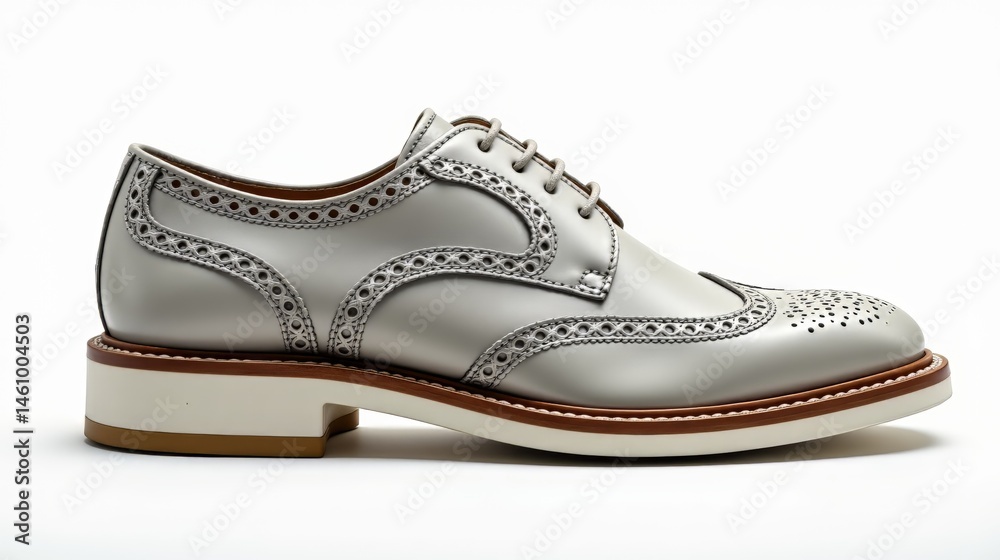 Silver Leather Brogue Shoe On White Silver Leather Brogue Shoe On White