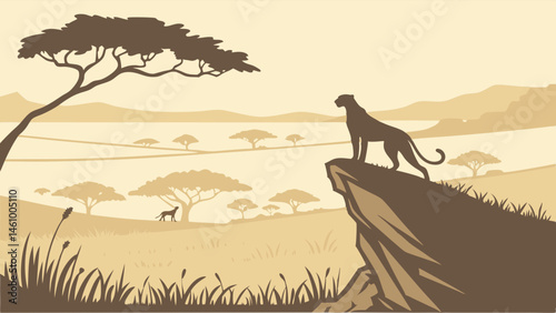 Stylized African Savanna Illustration Big Cat on Cliff Overlooking Plains Landscape Art