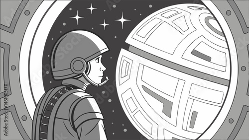Detailed Black and White Sci-Fi Illustration Astronaut Views Large Space Station Orb from Spaceship Window