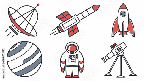 Space icons vector illustration set astronomy exploration rocket planet astronaut telescope satellite dish shuttle flat line art
