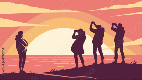 Stylized Sunset Illustration Silhouetted Travelers Watching Ocean Taking Photos