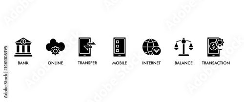 Online banking banner web icon vector illustration concept with icon of account, online payment, transfer funds, mobile banking, internet banking, balance check, transaction report, global transfer