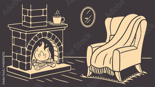Cozy Fireplace Scene with Armchair Blanket and Coffee Simple Line Art Illustration