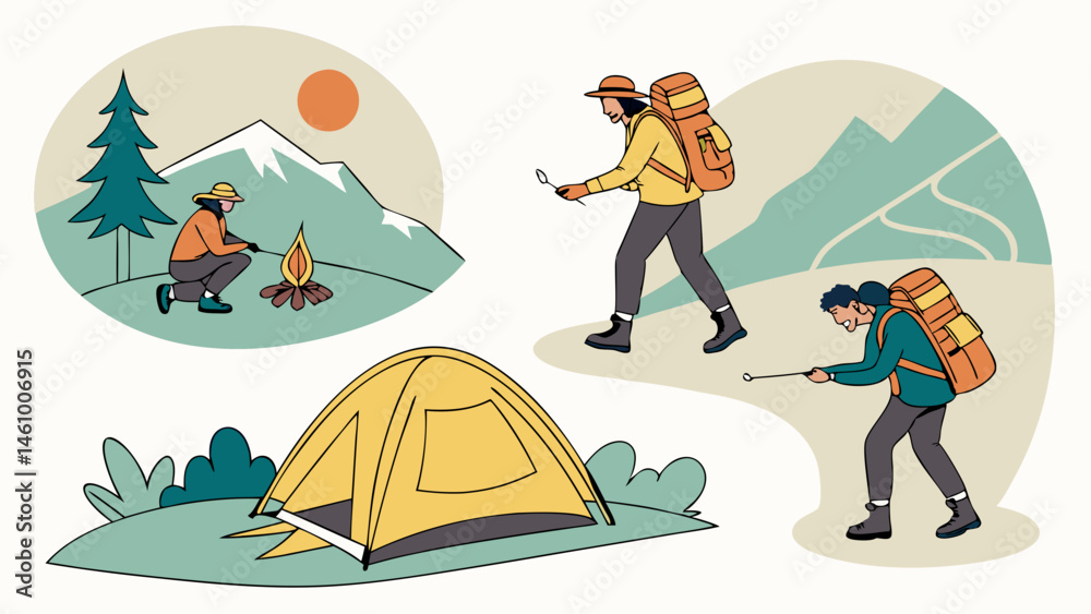 Obraz premium Illustrated Outdoor Adventure Scene Camping Hiking Tent Campfire Mountains People