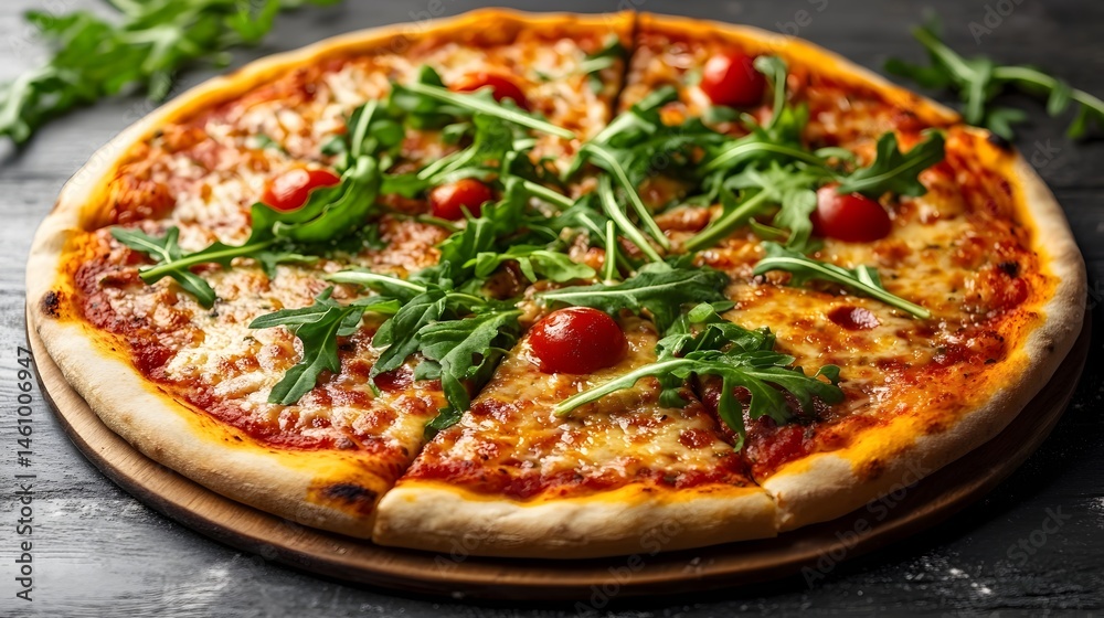 A delicious cheese pizza topped with fresh arugula and cherry tomatoes sits on a wooden board ready to be eaten. A delicious cheese pizza topped with fresh arugula and cherry tomatoes sits on a wooden board ready to be eaten.