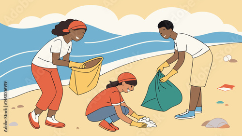 Positive flat illustration diverse youth happily cleaning trash on sunny sandy beach.