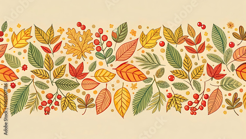 Autumn banner pattern hand drawn with fall leaves berries and seasonal decor