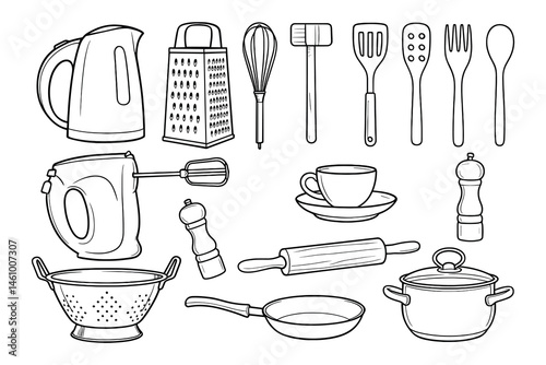 Detailed line art of various kitchen utensils for cooking