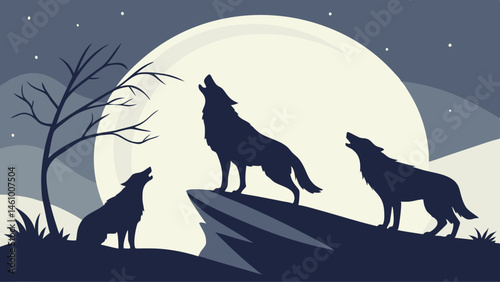 Three Wolf Silhouettes Howling at Full Moon Dark Night Nature Illustration