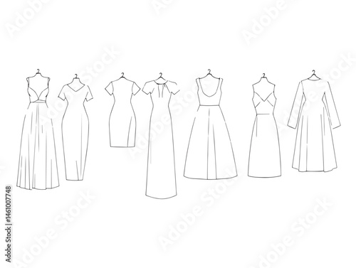 Minimalist line art drawing of a fable style elegant fashion dress