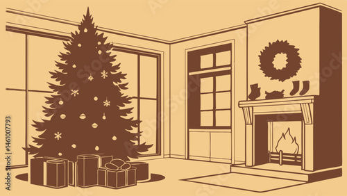 Vintage Sepia Christmas Room Illustration Cozy Interior Scene with Tree Presents Fireplace Wreath Stockings