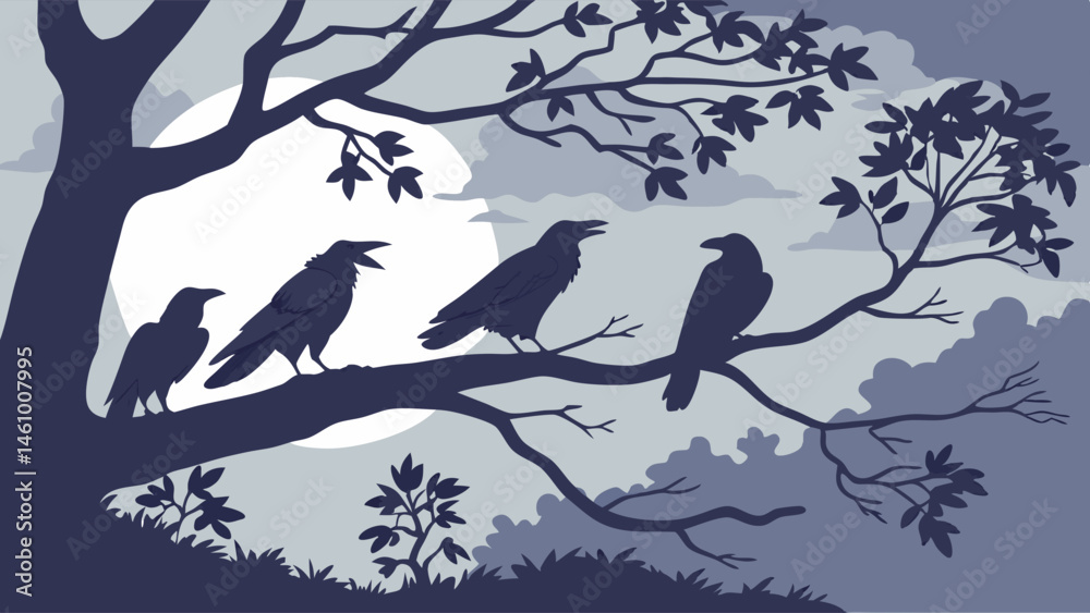 Dark Moody Silhouette of Four Crows on Tree Branch Against Full Moon and Cloudy Night Sky Dark Moody Silhouette of Four Crows on Tree Branch Against Full Moon and Cloudy Night Sky