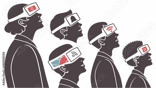 Silhouettes in VR headsets looking up at digital technology and connectivity icons