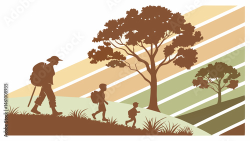 Family Hiking Silhouette Illustration Parent and Kids Trekking Outdoors on Hilly Landscape with Trees
