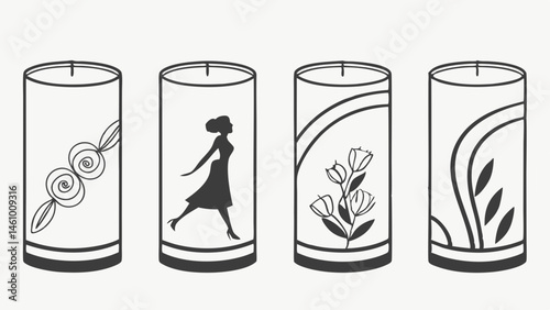 Elegant Decorative Candles Set Black Line Art Designs Abstract Floral Silhouette Home Decor