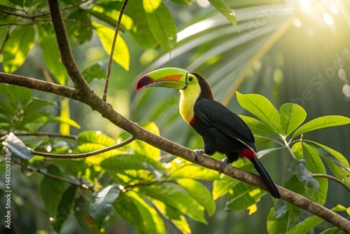 Vibrant Toucan in Tropical Rainforest Perched on Lush Branch photo