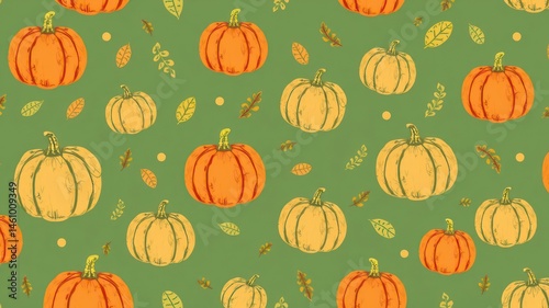 Autumn Harvest A Seamless Pattern of Pumpkins and Leaves