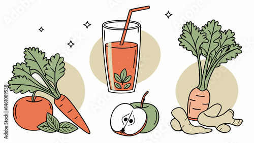Colorful Line Art Illustration of Healthy Juice Ingredients Carrots Apples Ginger and Drink