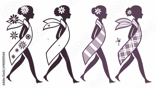 Stylized Women Silhouettes Walking with Patterned Sashes Floral Stripes Plaid Fashion Illustration