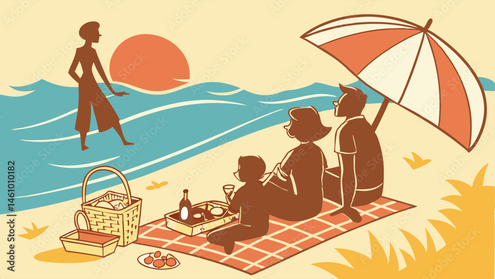 Fototapeta premium Vintage Style Illustration of Family Enjoying a Beach Picnic at Sunset