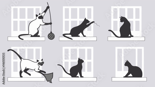 Charming Grayscale Illustration of Six Playful Cats Siamese and Black Felines on Windowsills Playing with Toys and Sitting Feline Art