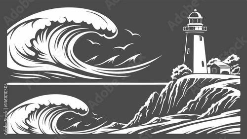 Vintage Style Illustration of Powerful Ocean Waves and Lighthouse on Coastal Cliff