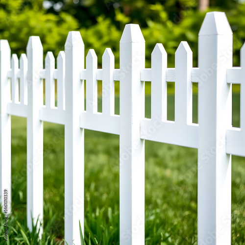 A close-up view of a well-maintained white picket fence with wooden posts and vinyl slats, standing against a lush green backyard, perfect for a family retreat.