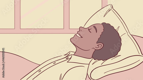 Simple pastel illustration of a relaxed young man smiling while resting comfortably on a pillow in a cozy bedroom