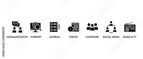 Public relations  banner web icon vector illustration concept with icon of communication, internet, journal, events, radio, tv, social media, and customer