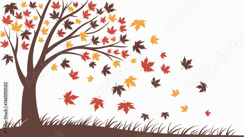 Stylized Autumn Tree Illustration with Red Orange Leaves Blowing in Wind Graphic