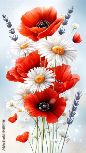 Vibrant Red Poppies and Daisies Bouquet