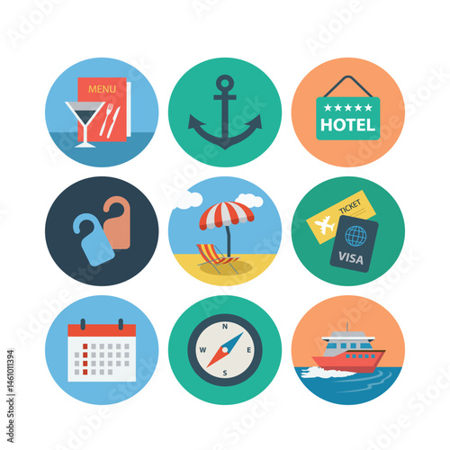 Travel And Vacation Icons Set Depicting Hotel,Beach,Cruise,And Nautical Elements