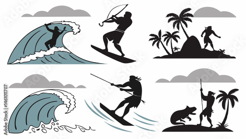 Tropical Island Silhouette Vector Illustrations Water Sports Surfing Kiteboarding and Hunting Scenes