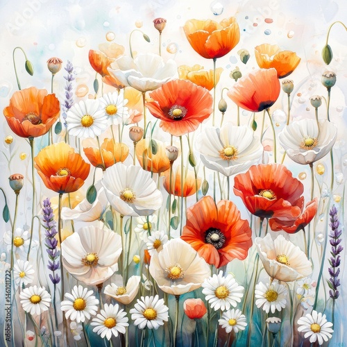 Vibrant Poppy and Daisy Field Watercolor Painting