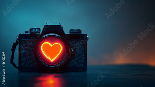 Stylized silhouette of a camera with a glowing heart inside the lens concept of photography as passion.