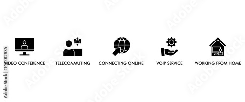 Remote working banner web icon vector illustration concept for working at home with icon of video conference, telecommuting, connecting online, voip, and working from home