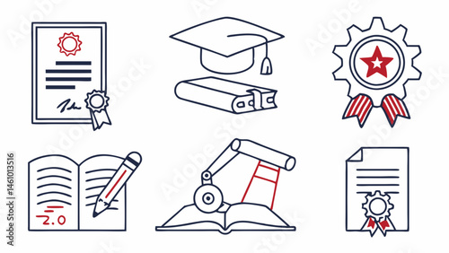 Red and blue line art icons set education technology academic achievement graduation diploma award robotics.