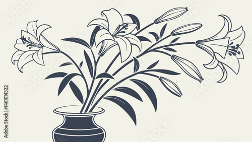Elegant Botanical Drawing of Lilies in a Vase Vintage Floral Illustration Art