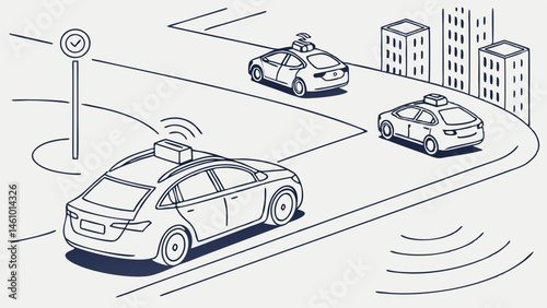Line drawing illustration of autonomous self driving cars with sensors navigating urban city streets future transportation.