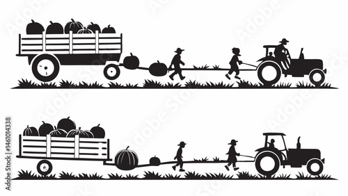 Black Silhouette Tractor Trailer Full of Pumpkins Kids Pulling Large Pumpkin Fall Harvest Graphic