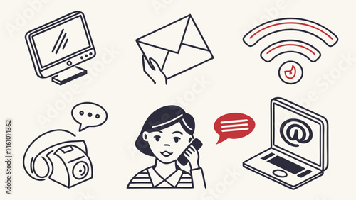 Set of Line Art Icons for Digital Communication Email Phone Letter WiFi