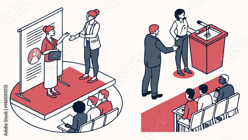 Isometric Flat Design Business Presentation Public Speaking and Networking Illustration